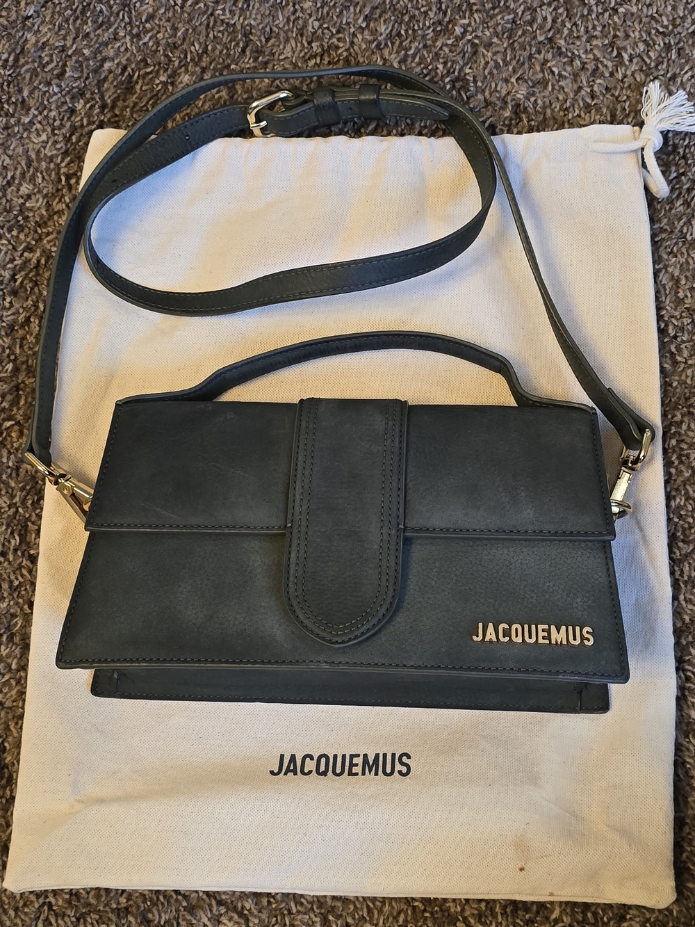Jacquemus Black Leather Crossbody Bag with Gold Logo